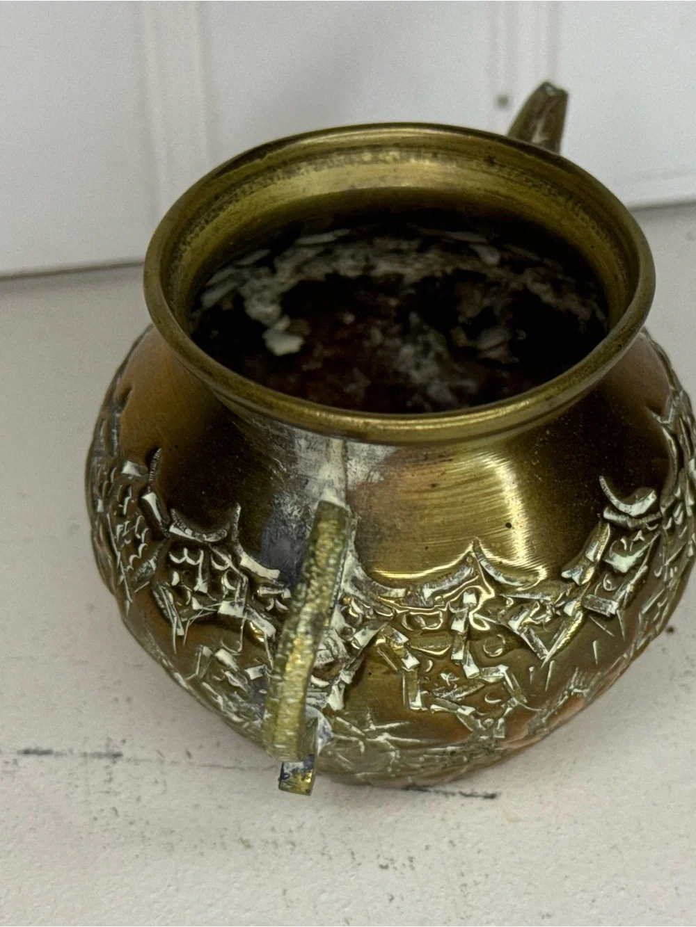 Vintage Mini Brass Metal Tea Pot Kettle w/ D Handle | MCM | Engraved